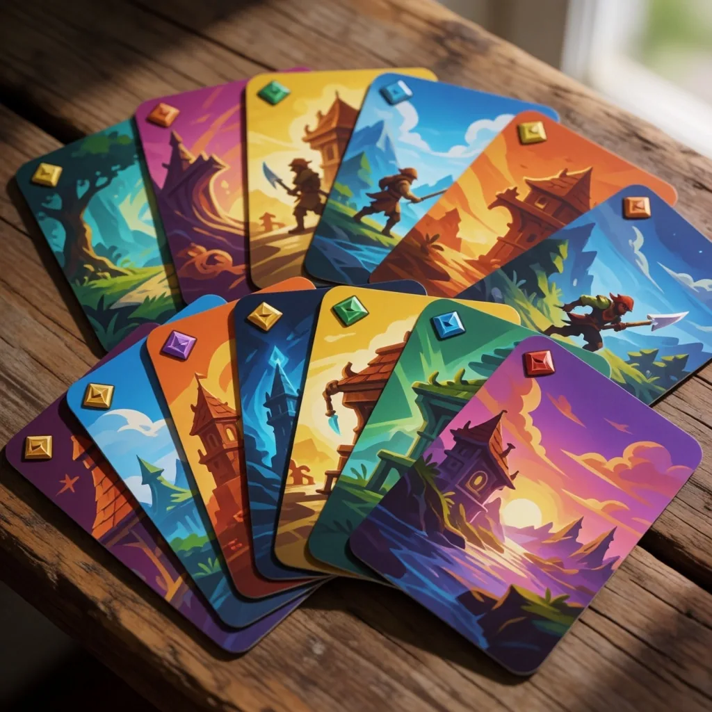 Cartas de fantasía ilustradas sobre una mesa de madera