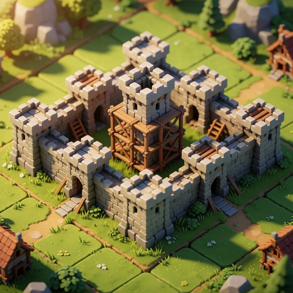 Castillo medieval en construcción en mapa hexagonal