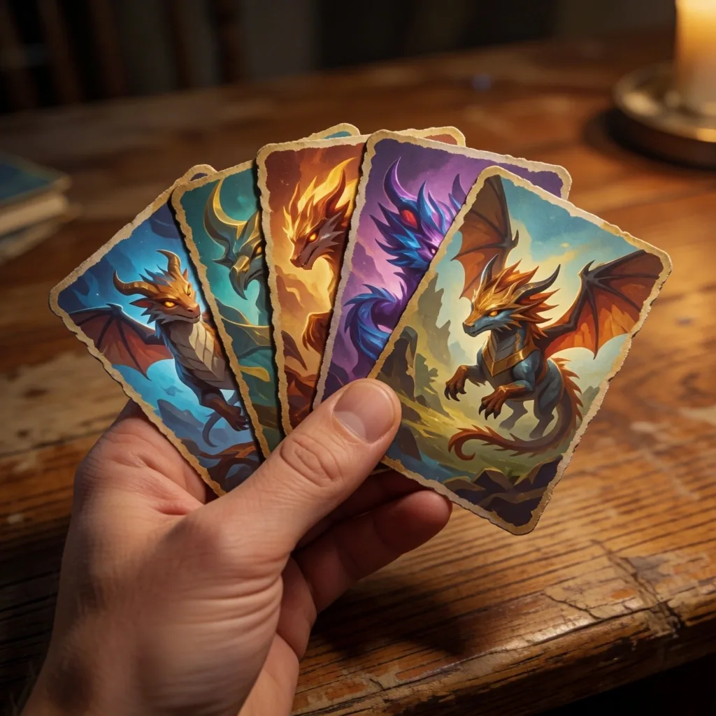 Juego de cartas coleccionables de navegador con mano de cartas ilustradas sobre una mesa