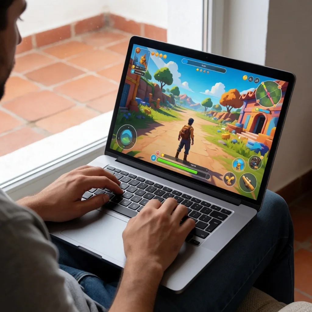 Laptop mostrando un juego de navegador con buena latencia