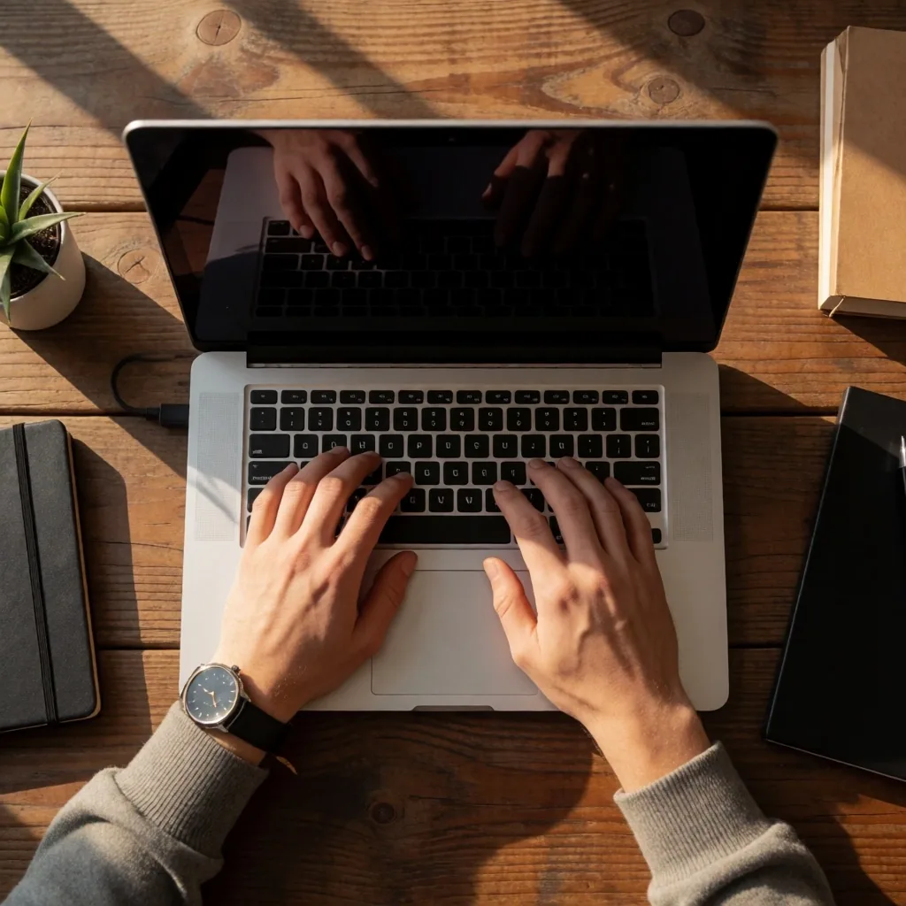 Manos sobre un teclado de laptop en un ambiente de trabajo editorial